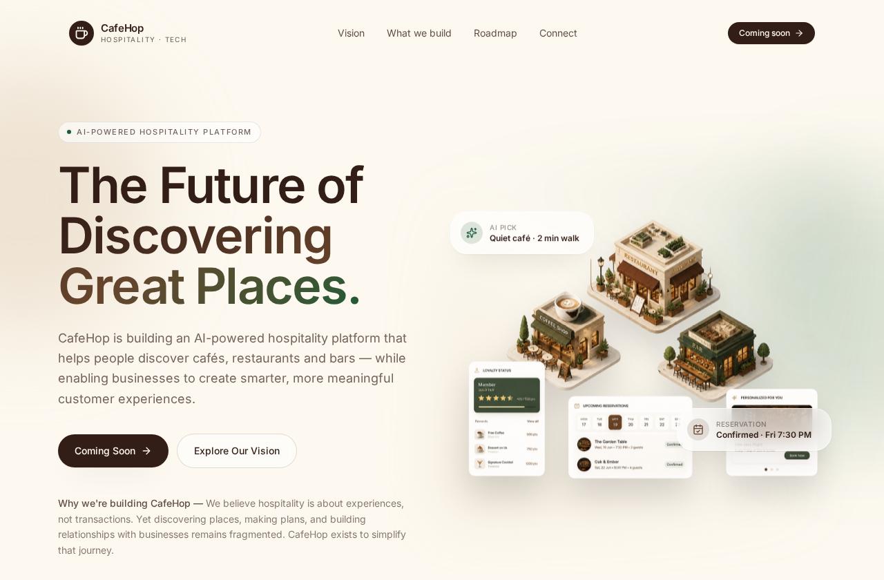 CafeHop preview showing its cafe discovery platform and hospitality vision
